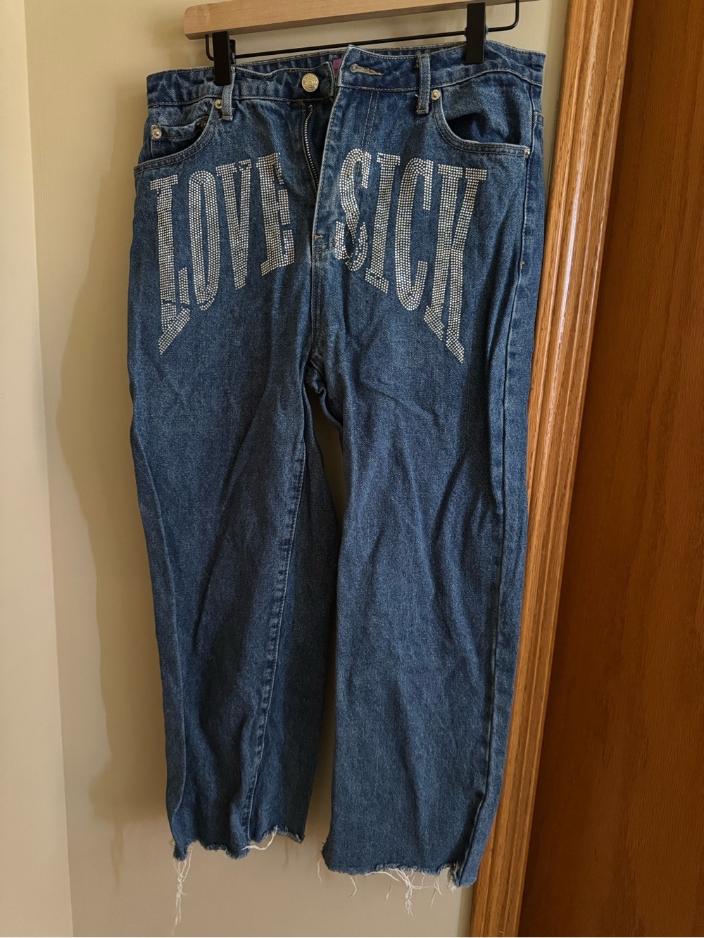 Edikted Straight-Leg Jeans with 'LOVE SICK' Crystal Embellishment